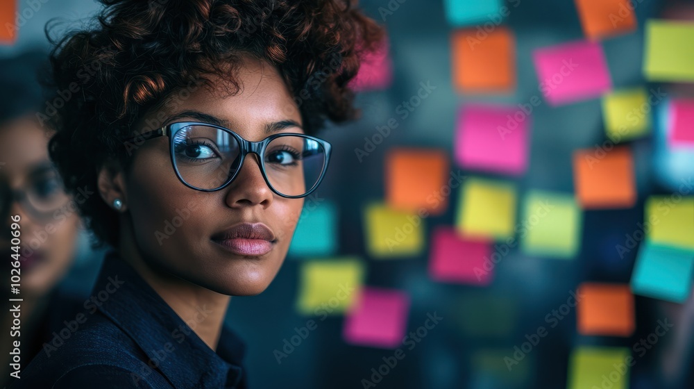 A professional woman with glasses and short wavy hair engaging with her team in a brainstorming session with colorful post-it notes, representing teamwork and creativity. A professional woman with glasses and short wavy hair engaging with her team in a brainstorming session with colorful post-it notes, representing teamwork and creativity.