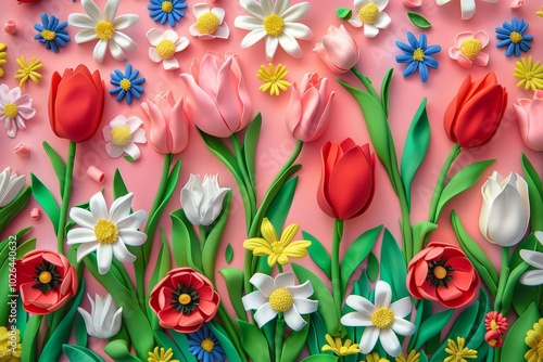 Vibrant floral pattern with tulips and daisies on pink background