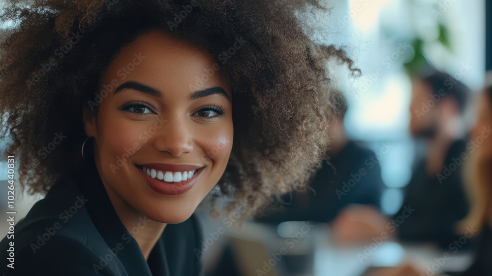 A smiling businesswoman with natural curly hair sits with her colleagues in a team conference, all appearing engaged and professional in a modern office environment. A smiling businesswoman with natural curly hair sits with her colleagues in a team conference, all appearing engaged and professional in a modern office environment.
