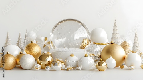 5. **Glistening Holiday Showcase**: Create a 3D render featuring a variety of gold and white ornaments and baubles, with an empty glass snow globe as the centerpiece. The scene should be isolated on photo