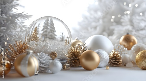 5. **Glistening Holiday Showcase**: Create a 3D render featuring a variety of gold and white ornaments and baubles, with an empty glass snow globe as the centerpiece. The scene should be isolated on