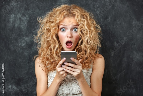 Surprised young Caucasian woman with curly hair reacting to something on her smartphone.