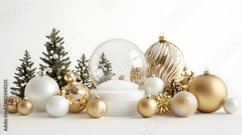 5. **Glistening Holiday Showcase**: Create a 3D render featuring a variety of gold and white ornaments and baubles, with an empty glass snow globe as the centerpiece. The scene should be isolated on photo