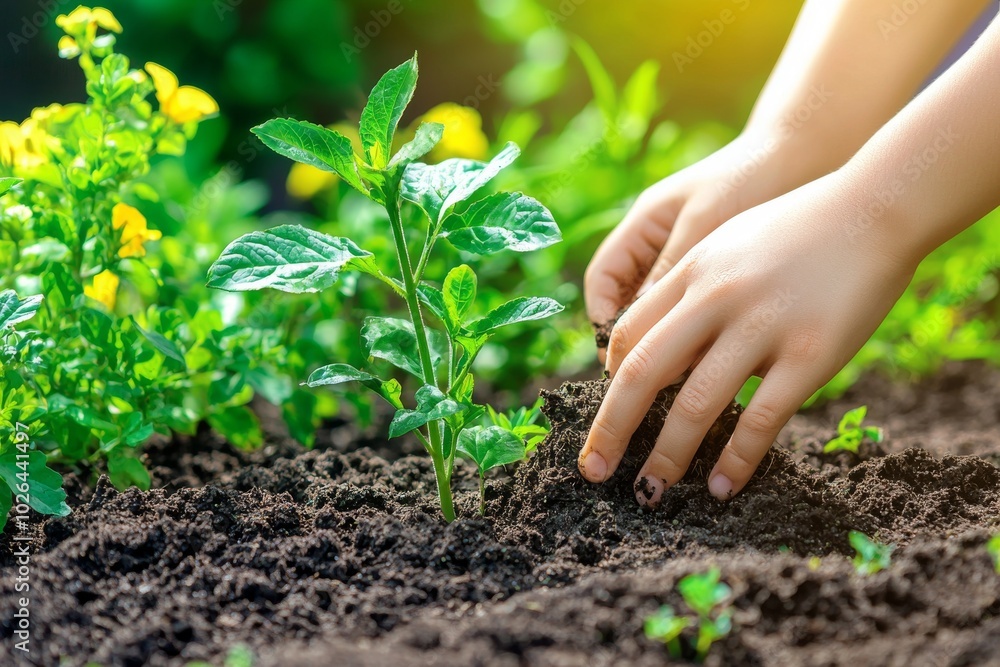 A child with light skin carefully plants a young green seedling in rich soil, nurturing growth in a vibrant garden. A child with light skin carefully plants a young green seedling in rich soil, nurturing growth in a vibrant garden.