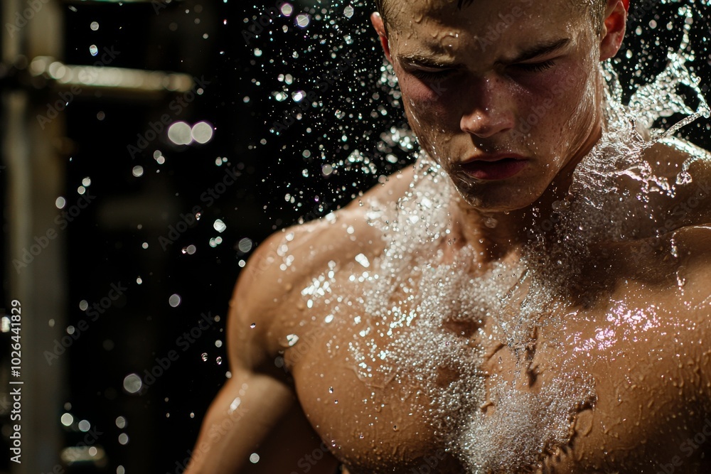 A focused young Caucasian male bodybuilder drenched in water, showcasing strength and determination in a gym setting.