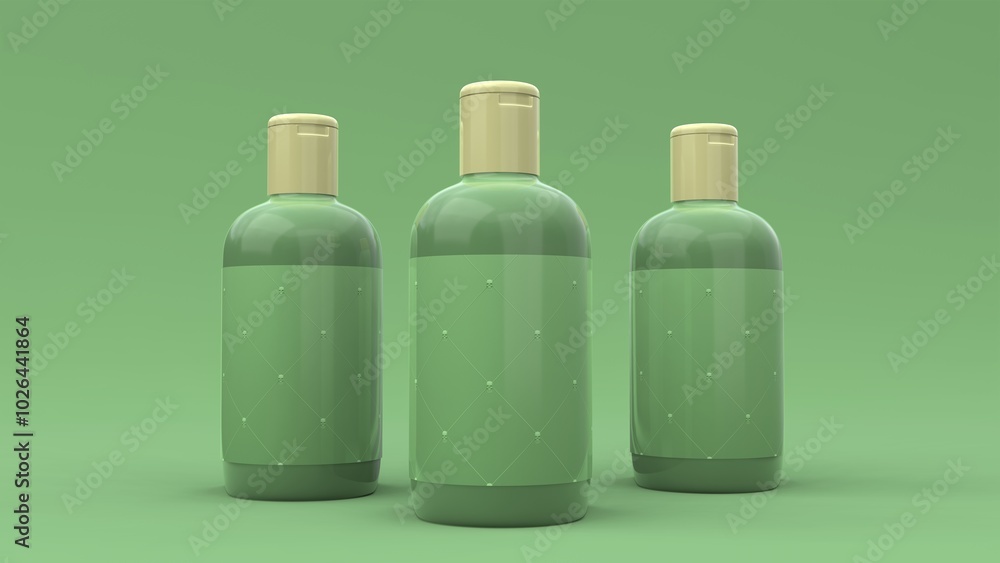 Elegant cosmetic bottles with label closeup on green background. Modern cover design. 3d illustration. Elegant cosmetic bottles with label closeup on green background. Modern cover design. 3d illustration.