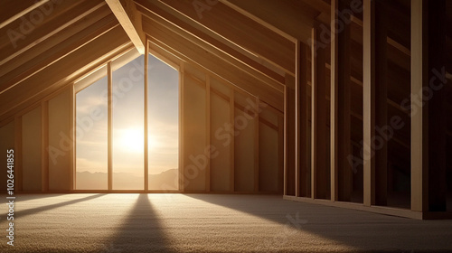 Roof of a newly built house with wooden beams.