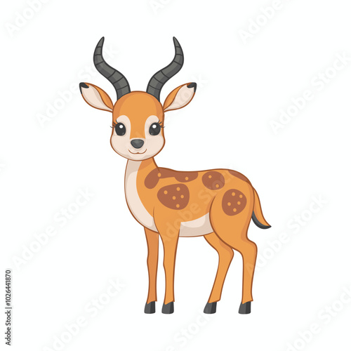 Cute antelope stands on a white background in cartoon style. Vector illustration with African animal