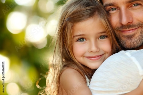 A smiling Caucasian father embraces his joyful daughter in a lush green setting, showcasing a moment of love and connection.