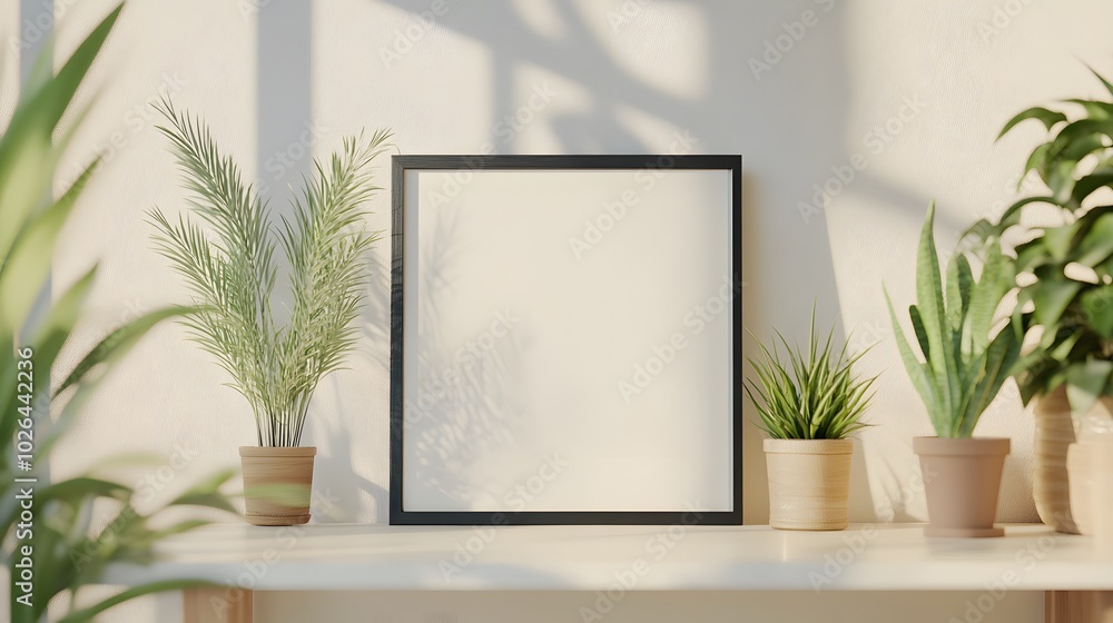 2. A minimalist square black frame propped up on a sleek white shelf, surrounded by a bright, airy interior with light hardwood flooring and decorative plants 2. A minimalist square black frame propped up on a sleek white shelf, surrounded by a bright, airy interior with light hardwood flooring and decorative plants