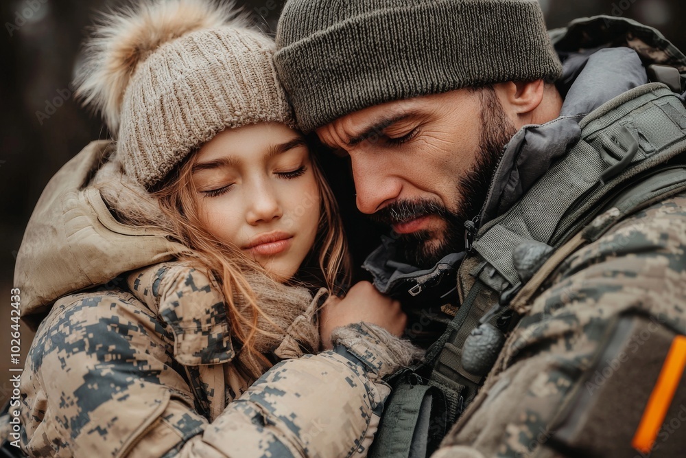 Emotionally connected couple sharing a tender moment in outdoor winter gear, showcasing love and support. Emotionally connected couple sharing a tender moment in outdoor winter gear, showcasing love and support.