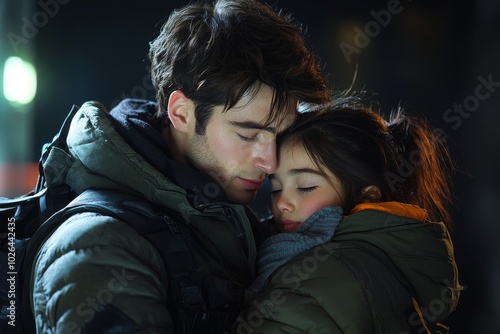 A tender moment between a young Caucasian man and an Asian girl embracing in warm jackets, showcasing affection and warmth.