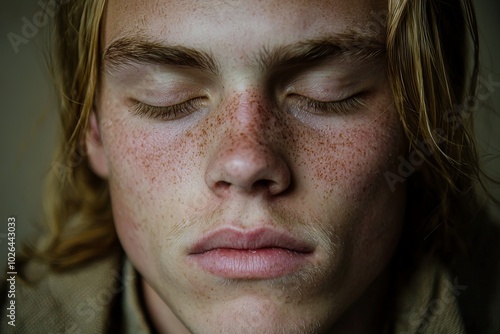 Close-up of a young Caucasian male with freckled skin, eyes closed, exuding a calm and serene expression.