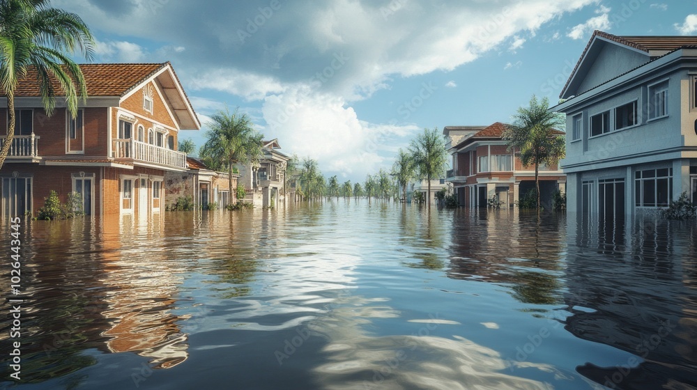 A flooded street with houses in the background A flooded street with houses in the background