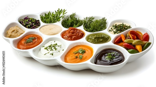 Elegant Dipping Sauce Platter with Garnishes: A white ceramic platter holds a variety of dipping sauces, such as tzatziki, hummus, and sweet chili sauce photo