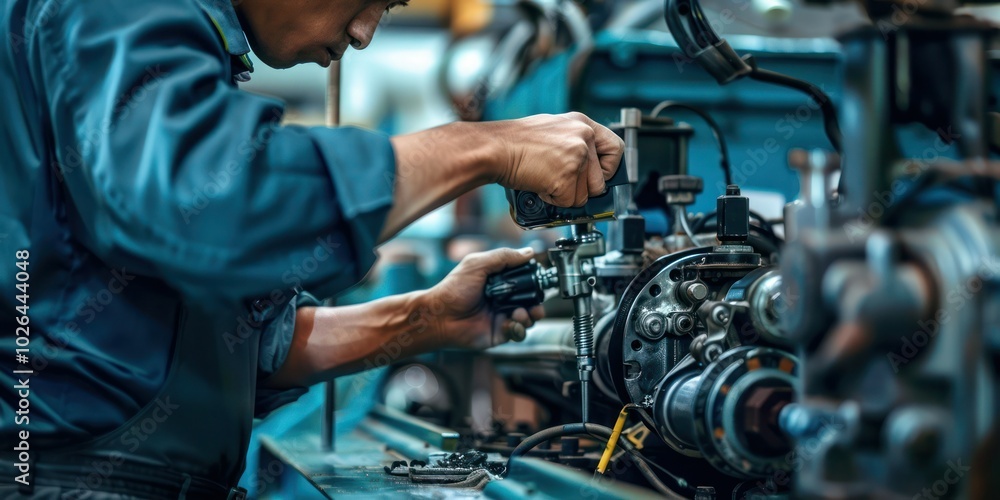 Close-up of a worker repairing a malfunctioning machine in a factory. Close-up of a worker repairing a malfunctioning machine in a factory.
