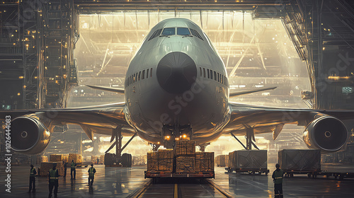 A front view of a cargo plane on a loading ramp, with workers directing the placement of goods into the cargo hold