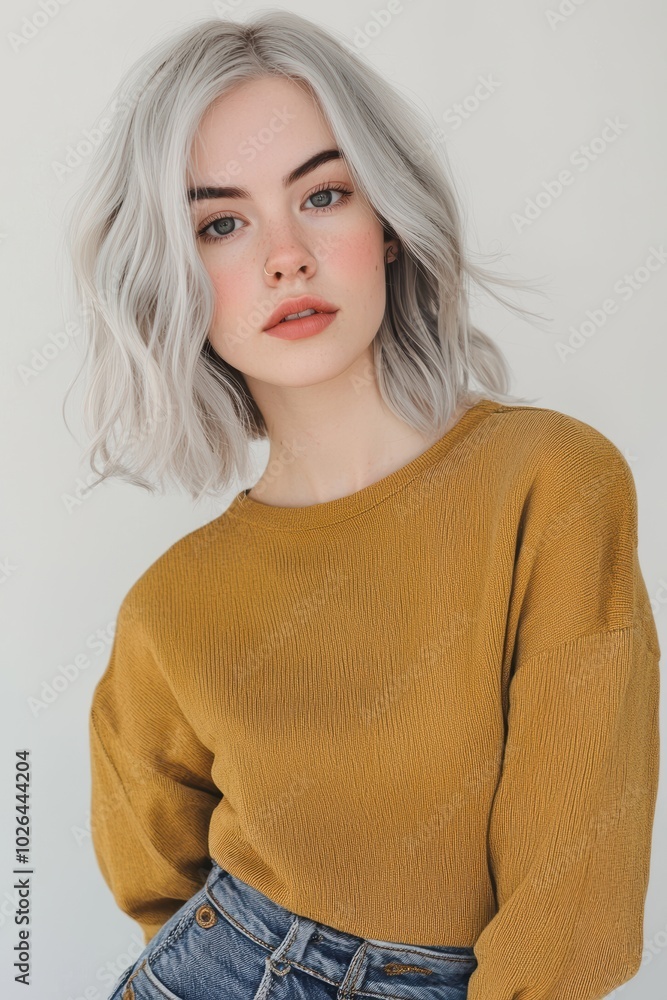 Soft Portrait of a Woman with Platinum Hair in a Minimalist Style. Generative AI. Soft Portrait of a Woman with Platinum Hair in a Minimalist Style. Generative AI.