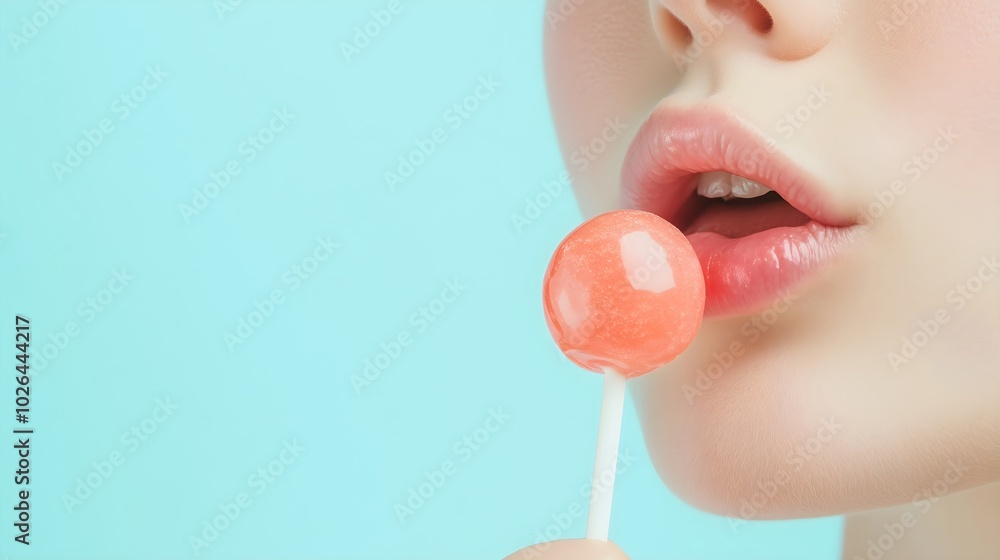 Close-up of brightly female lips eating and licking a candy lollipop on a stick isolated on flat blue background with copy space. Close-up of brightly female lips eating and licking a candy lollipop on a stick isolated on flat blue background with copy space.