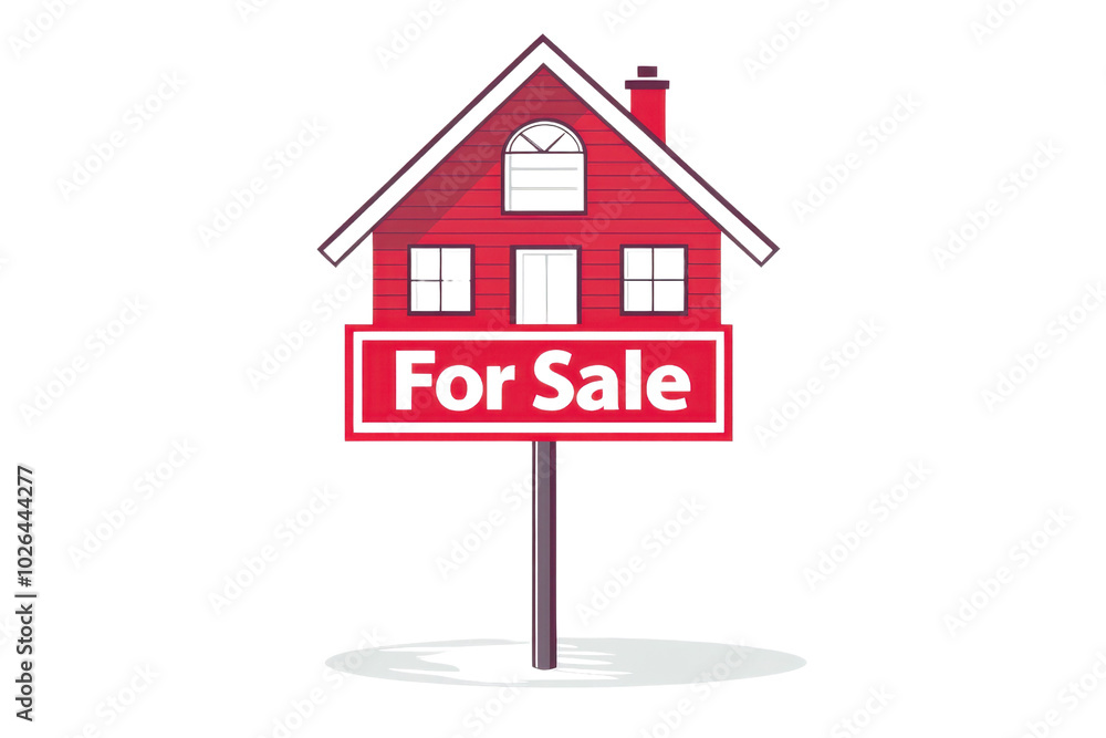 Illustration of a red house with a 'For Sale' sign, symbolizing real estate and home buying opportunities. Illustration of a red house with a 'For Sale' sign, symbolizing real estate and home buying opportunities.