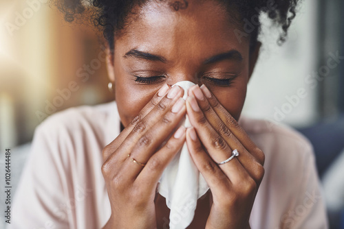 House, blowing nose and black woman with tissue, allergy and flu season in living room. African person, apartment and girl with paper, fever and virus with covid, health and cold in lounge with smile