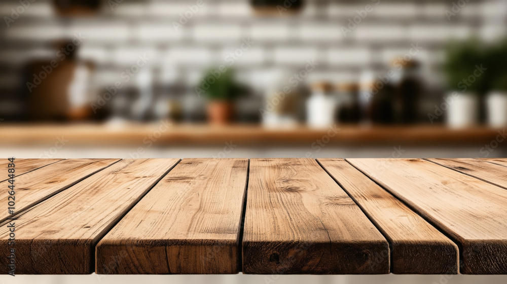 Wooden table surface in a blurred kitchen background with white brick tiles and kitchen items in the distance. Wooden table surface in a blurred kitchen background with white brick tiles and kitchen items in the distance.