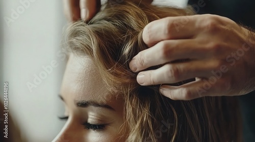 A hairstylist's hands are shown styling a woman's blonde hair. The woman is looking down with her eyes closed.