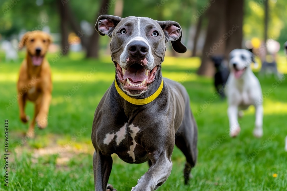 Great Dane galloping through a park, its large frame bounding with surprising agility and playfulness, while other dogs follow behind Great Dane galloping through a park, its large frame bounding with surprising agility and playfulness, while other dogs follow behind