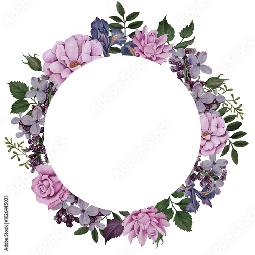 Round template with watercolor flowers and leaves. Wreath of roses, lilacs and irises for wedding invitations, cards, stickers, prints and holiday decor.
