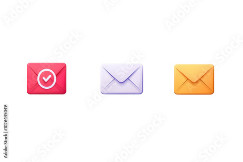 Vibrant email icons featuring three colorful envelopes with unique symbols, representing communication tools for digital correspondence. photo