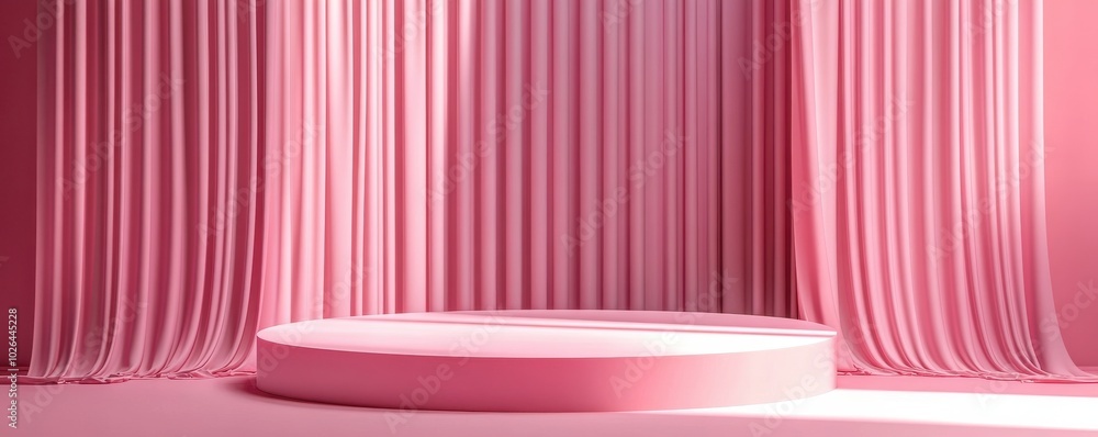 Elegant pink podium with soft lighting and luxurious curtains in a serene setting Elegant pink podium with soft lighting and luxurious curtains in a serene setting