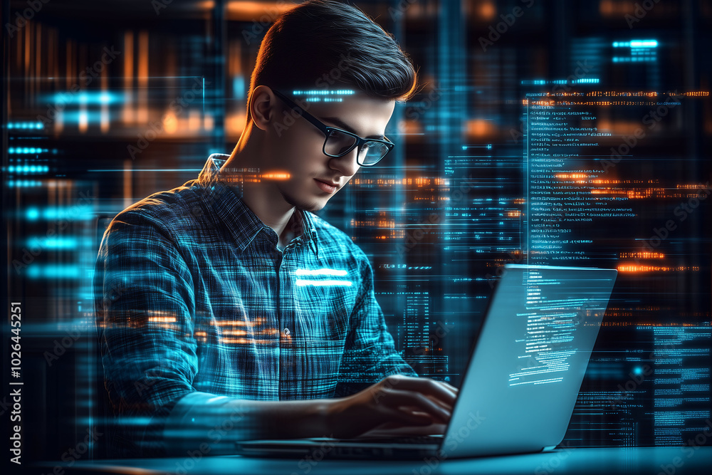 Neue Technologie für Digitalisierung und Effizienz nutzen - ein junger Mann sitzt am Laptop und arbeitet für ein High-Tech Unternehmen mit spezieller KI Software Neue Technologie für Digitalisierung und Effizienz nutzen - ein junger Mann sitzt am Laptop und arbeitet für ein High-Tech Unternehmen mit spezieller KI Software