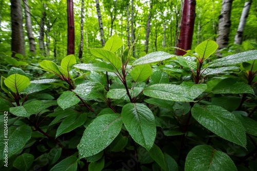 Holly willow and other trees in a dense forest, with its red stems creating a pop of color among the rich green foliage, adding diversity to the woodland