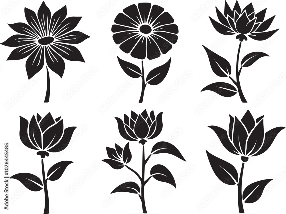 Obraz premium Black and White Floral Vector Designs | Elegant Flower Illustrations Set