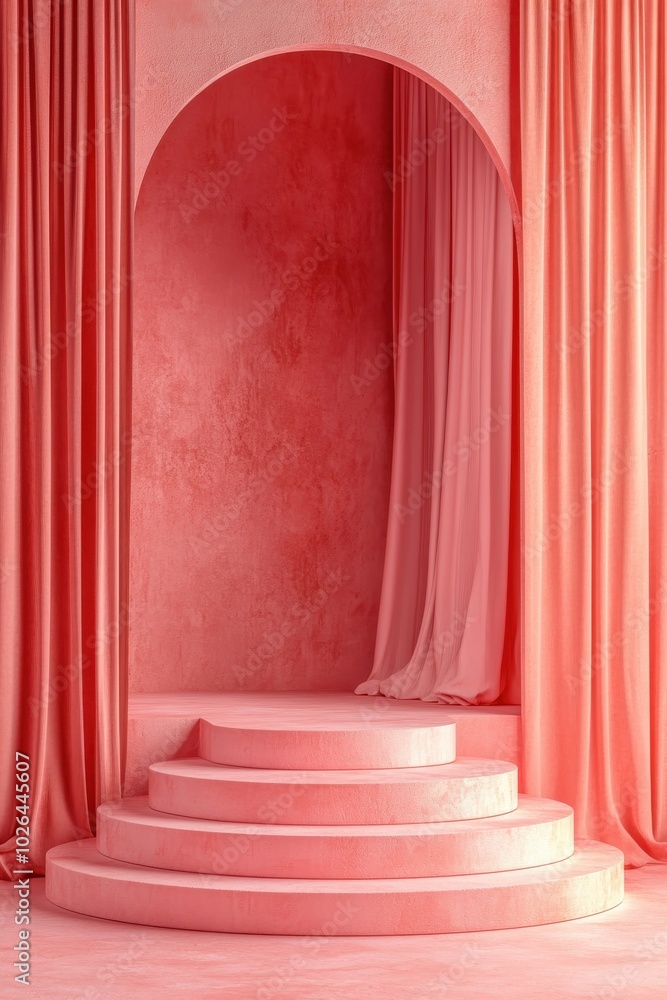 Elegant pink podium with surrounding curtains creating a serene stage setting Elegant pink podium with surrounding curtains creating a serene stage setting