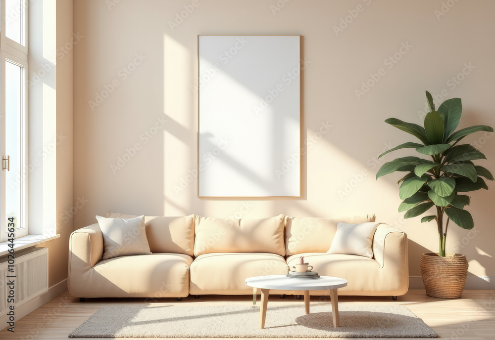a bright living room with sofa and Mockup frame on the wall for a copy space, a bright living room with sofa and Mockup frame on the wall for a copy space,