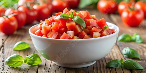 diced tomatoes in white bowls, ideal for fresh cooking ingredients or salad preparation