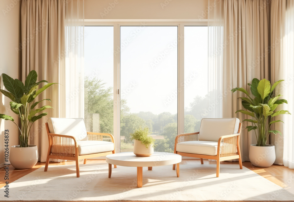 Fototapeta premium a bright room, two armchairs and a coffee table , minimalism