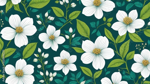 A floral pattern featuring white flowers and green leaves on a dark background.