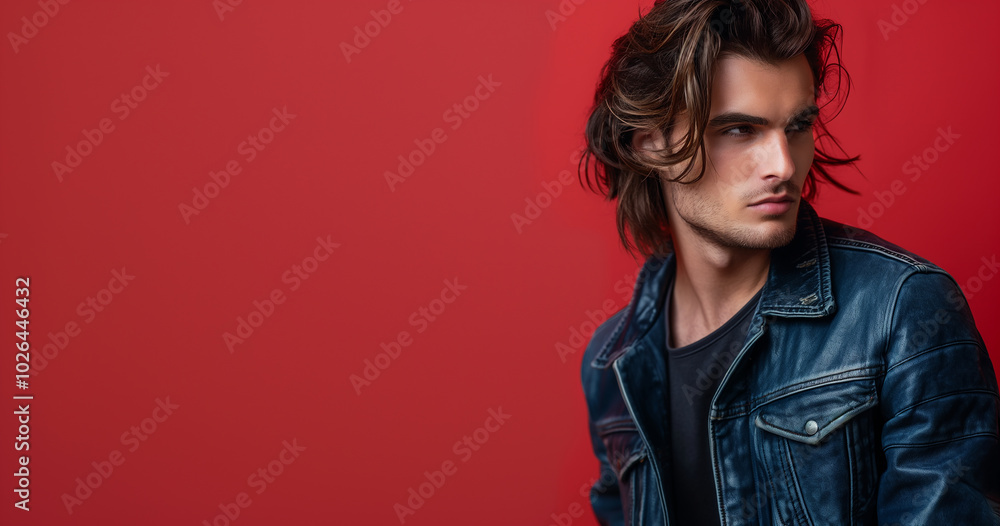 Man in Blue Denim Jacket Against Red Background