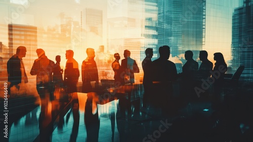 Double exposure image of many business people conference group meeting on city office building in background showing partnership success of business deal