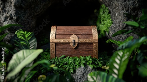 A beautifully crafted wooden treasure chest nestled among lush green foliage, evoking a sense of adventure and mystery.