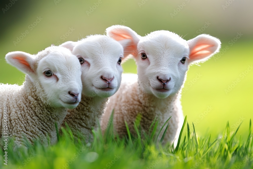 Lambs playing in a green pasture, with the sunlight shining on their soft, white wool, symbolizing new life and renewal during the Easter season Lambs playing in a green pasture, with the sunlight shining on their soft, white wool, symbolizing new life and renewal during the Easter season