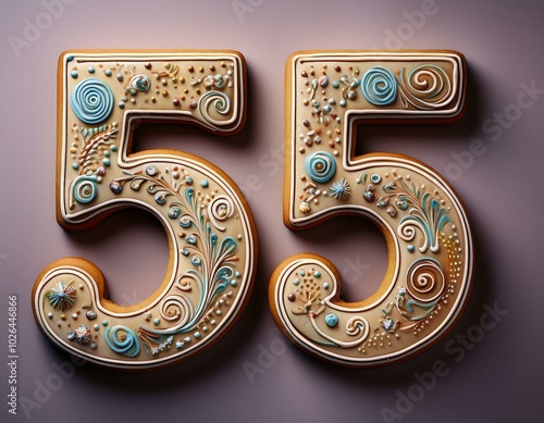 Decorated cookie, number 55, illustration for birthday or anniversary celebration photo