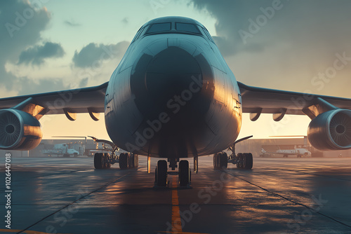 A front view of a large cargo plane parked on the tarmac, with the cargo door open and ready for loading photo