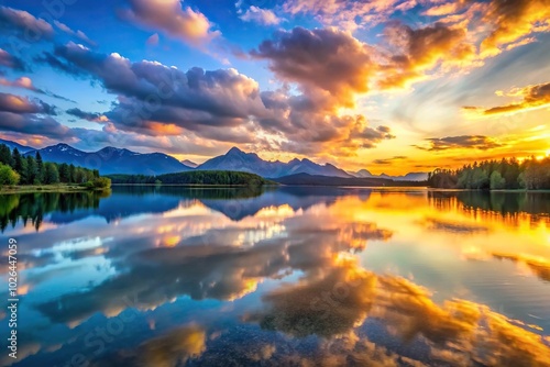 Panoramic sunset lake mountains reflection serene