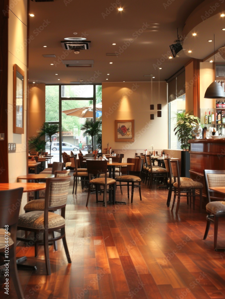 Obraz premium A warm and inviting modern cafe interior with wooden floors, stylish lighting, and neatly arranged tables and chairs near large windows.