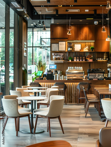 A warm and inviting modern cafe interior with wooden floors, stylish lighting, and neatly arranged tables and chairs near large windows.