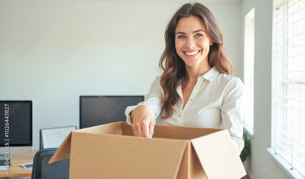 A businesswoman packs her things in a cardboard box at the office A businesswoman packs her things in a cardboard box at the office
