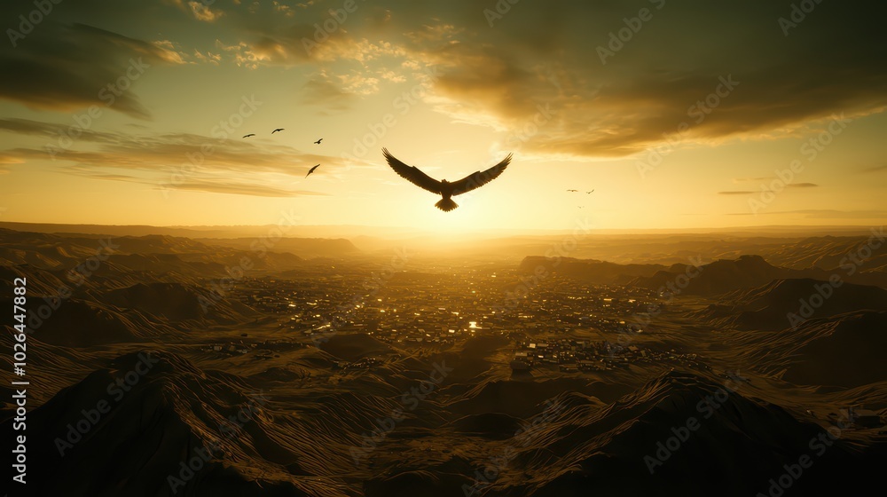 Naklejka premium A majestic eagle soaring over a vast, sunlit valley with dramatic clouds and rugged mountains at sunset.
